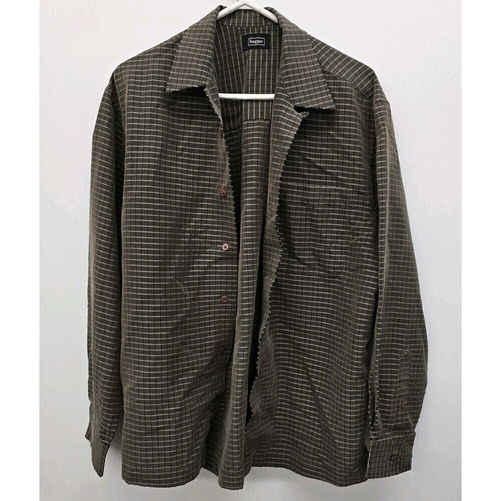 Haggar Dress Shirt Mens Size M (15.5x34) Brown Geometric Point Collar (A18) - Picture 2 of 9